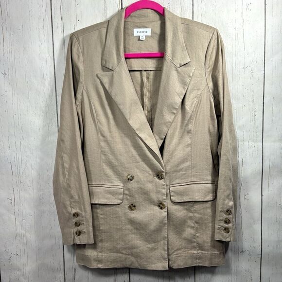 Evereve Linen Blend Double Breasted Blazer Beige Lightweight Modern Workwear - Picture 5 of 12